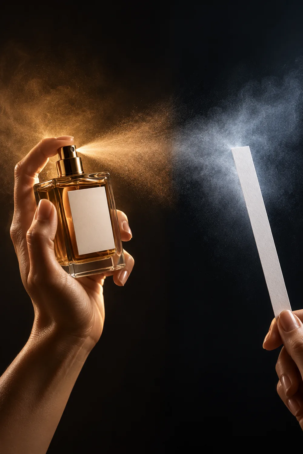Fragrance mist dividing between skin and a white scent strip