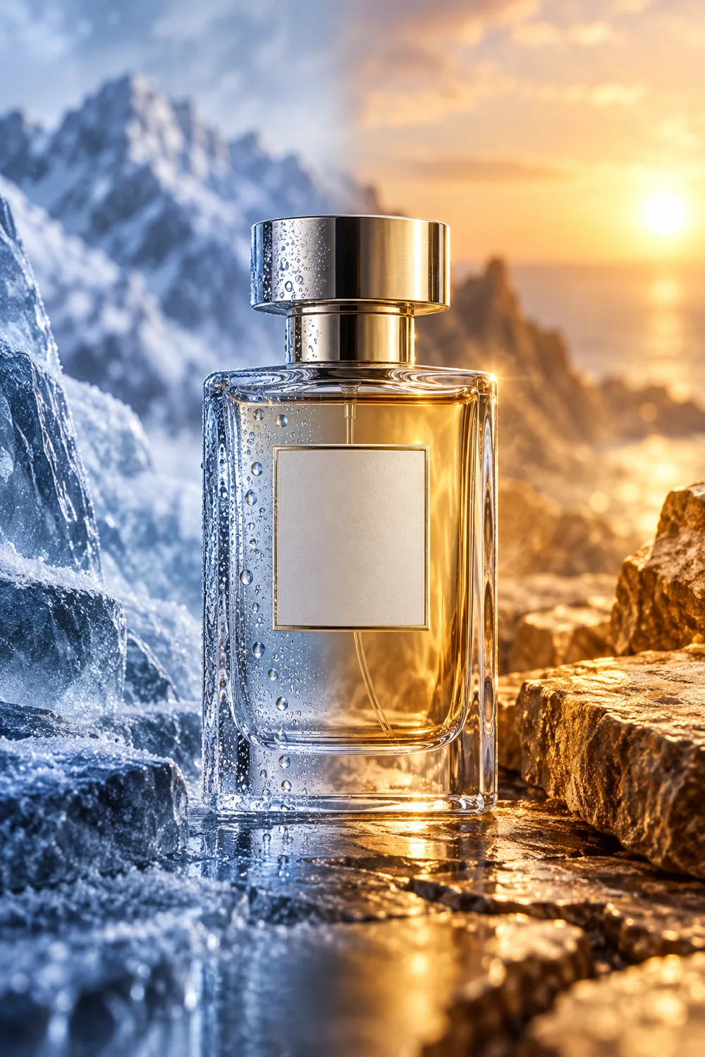 Fragrance bottle split between frosted glass and sun-warmed stone
