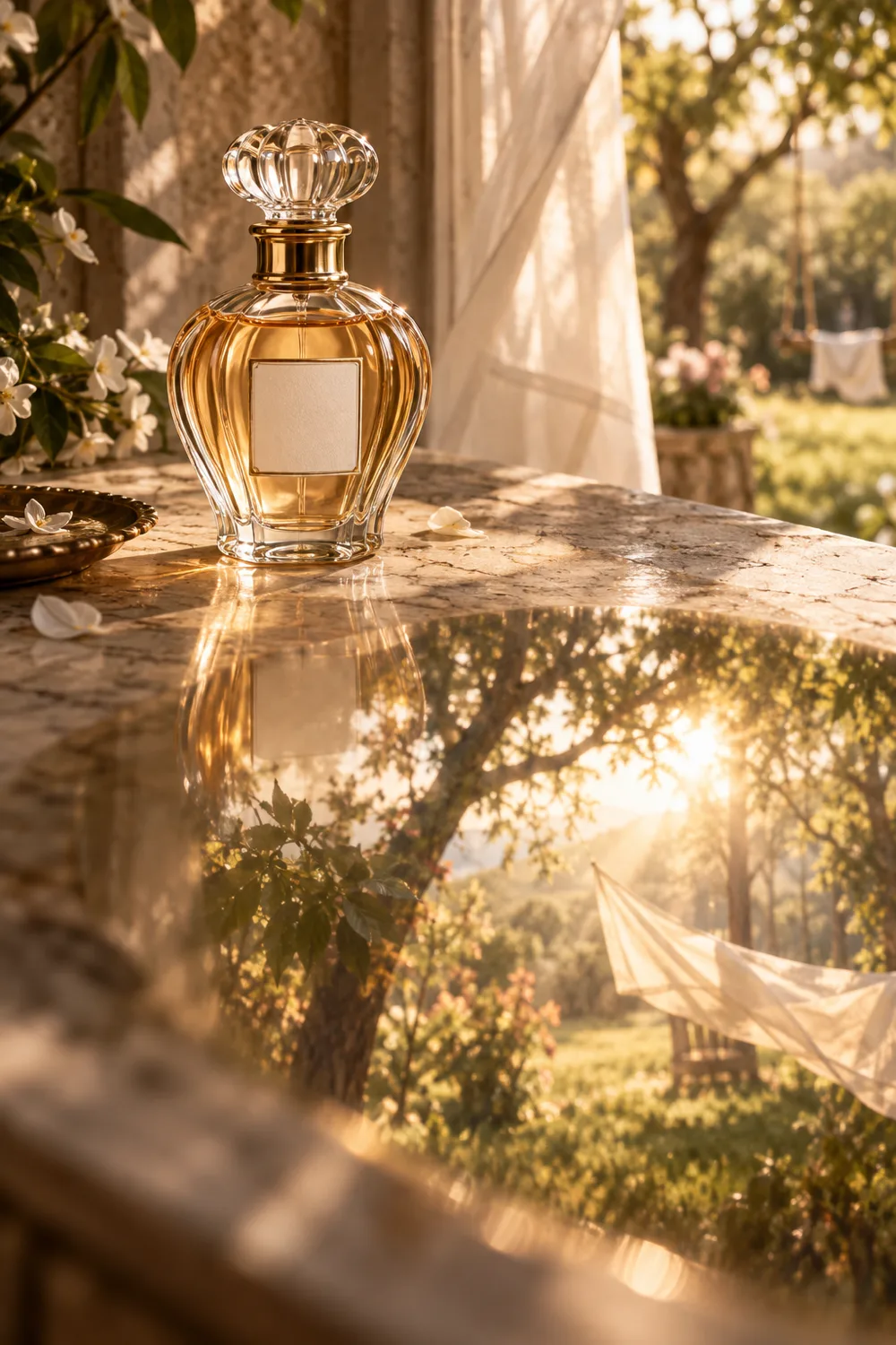 Fragrance bottle reflected into a softly blurred sunlit garden memory