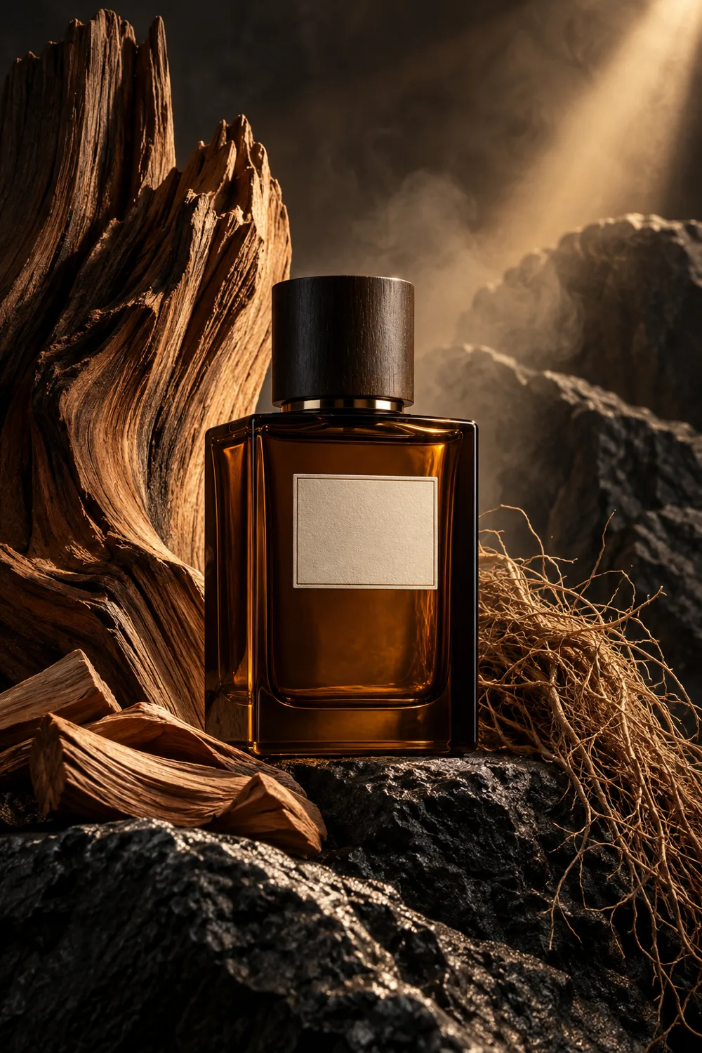 Smoky amber perfume bottle among cedar, sandalwood, and vetiver