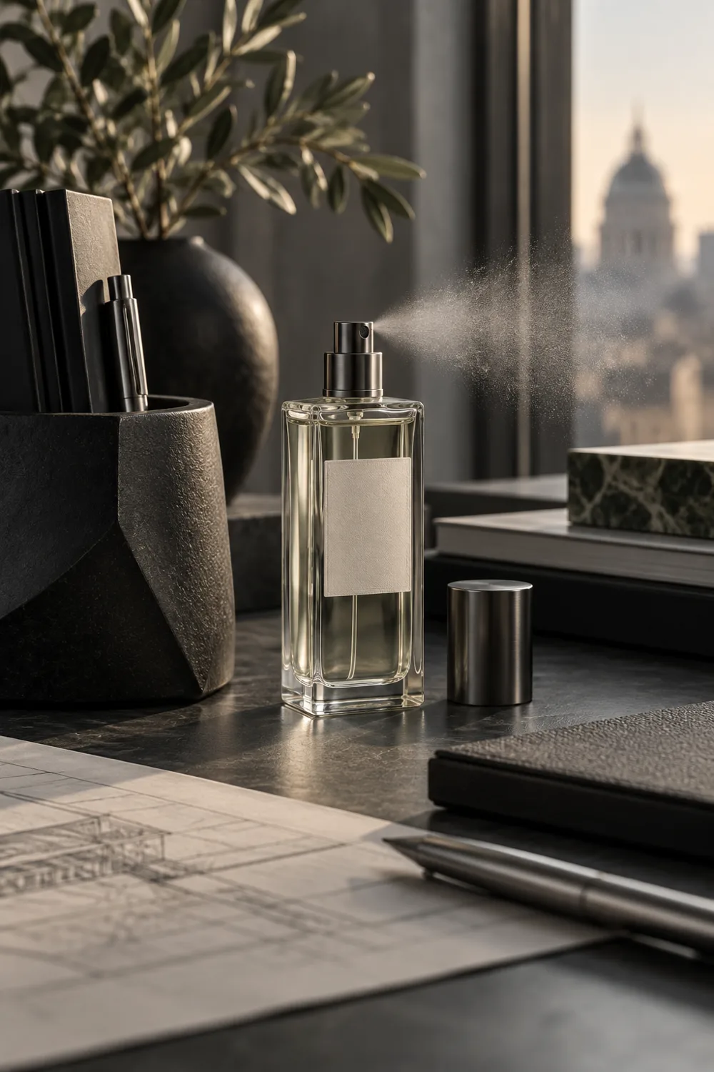 Understated fragrance bottle with black stationery on an architectural desk